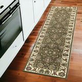 8' Green And Ivory Floral Runner Rug