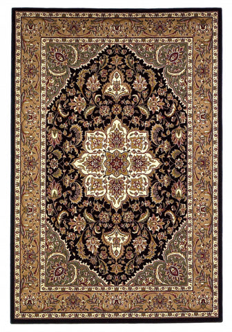 3' X 5' Black And Beige Floral Medallion Area Rug