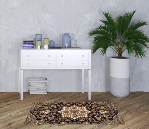 3' X 5' Black And Beige Floral Medallion Area Rug
