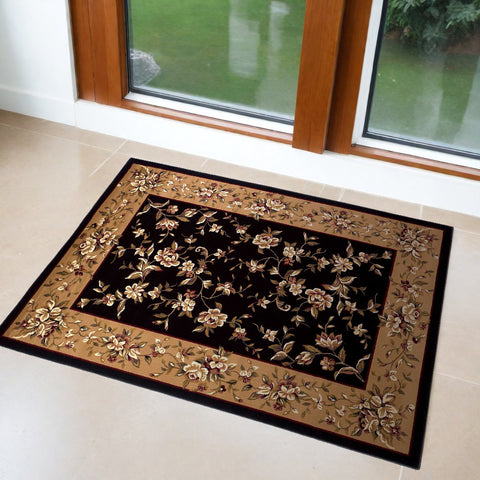 3' X 5' Tan Black And Beige Floral Vines Area Rug