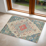 3' X 5' Blue Beige And Brick Red Jute Medallion Hand Woven Area Rug