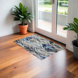 3' X 5' Gray And Navy Blue Botanical Leaves Area Rug