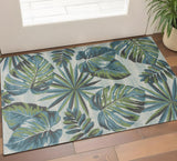 3' X 5' Beige Teal And Green Tropical Botanical Area Rug