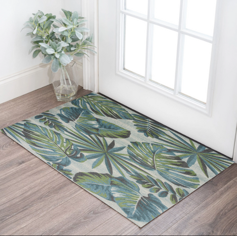 3' X 5' Beige Teal And Green Tropical Botanical Area Rug