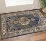 3' X 5' Navy Blue Gold And Ivory Medallion Area Rug