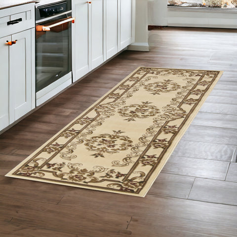 8' Beige And Brown Floral Medallion Runner Rug