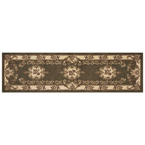 8' Green and Ivory Medallion Runner Rug