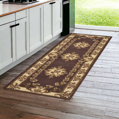 8' Plum And Ivory Floral Medallion Runner Rug