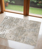 3' X 5' Sand And Light Blue Geometric Distressed Area Rug