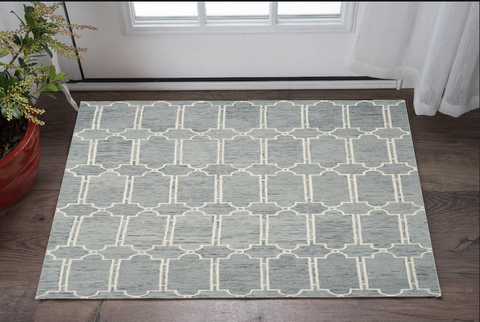 3' X 5' Slate Blue And Ivory Wool Geometric Hand Tufted Area Rug