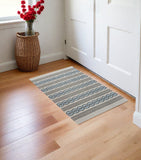 3' X 5' Ivory Light Blue And Gray Geometric Hand Hooked Worn/Fade Area Rug
