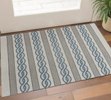 3' X 5' Ivory Light Blue And Gray Geometric Hand Hooked Worn/Fade Area Rug
