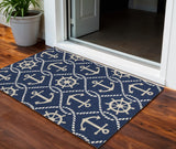 3' X 5' Navy Blue Gold And White Nautical Handmade Indoor Outdoor Area Rug