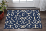 3' X 5' Navy Blue Gold And White Nautical Handmade Indoor Outdoor Area Rug