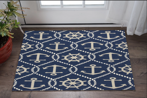3' X 5' Navy Blue Gold And White Nautical Handmade Indoor Outdoor Area Rug