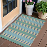 3' X 5' Blue Striped Handmade Indoor Outdoor Area Rug