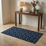 3' X 5' Navy Blue And Ivory Geometric Hand Hooked Area Rug