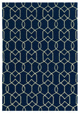 3' X 5' Navy Blue And Ivory Geometric Hand Hooked Area Rug