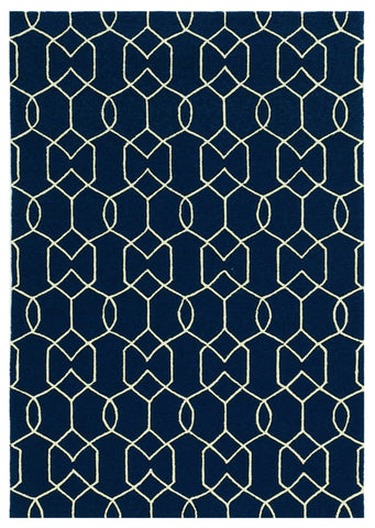 3' X 5' Navy Blue And Ivory Geometric Hand Hooked Area Rug