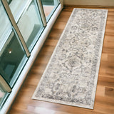 7' Ivory And Gray Floral Medallion Distressed Runner Rug