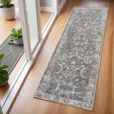 7' Gray And Light Gray Floral Medallion Distressed Runner Rug