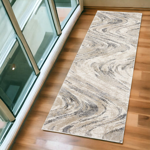 7' Gray And Tan Abstract Runner Rug