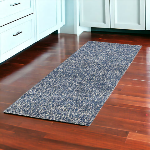8' Indigo And Ivory Abstract Shag Hand Woven Runner Rug