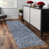 8' Indigo And Ivory Abstract Shag Hand Woven Runner Rug