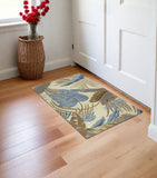 2' X 4' Ivory Blue And Brown Wool Tropical Botanical Hand Tufted Area Rug