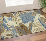 2' X 4' Ivory Blue And Brown Wool Tropical Botanical Hand Tufted Area Rug
