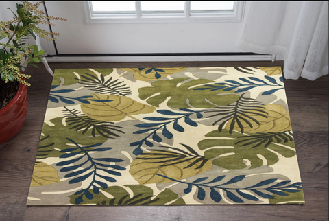 3' X 4' Ivory Green And Blue Wool Botanical Leaves Hand Tufted Area Rug
