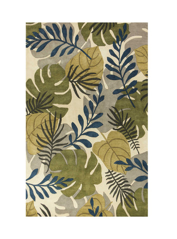 3' X 4' Ivory Green And Blue Wool Botanical Leaves Hand Tufted Area Rug