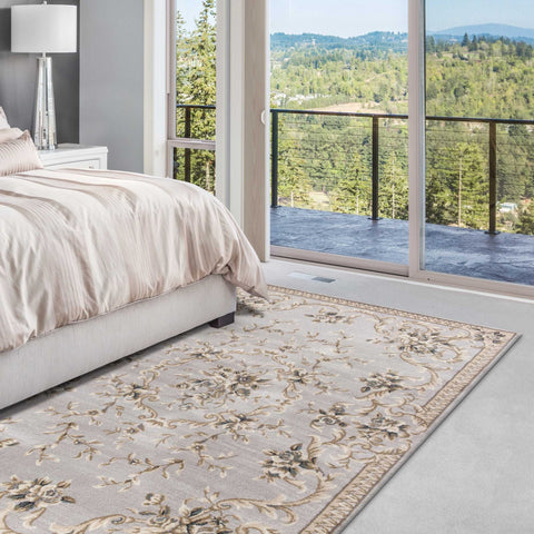 5' X 8' Light Gray Green And Tan Floral Medallion Area Rug
