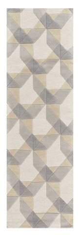 7' Ivory Gray And Cream Wool Geometric Hand Tufted Runner Rug