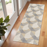 7' Ivory Gray And Cream Wool Geometric Hand Tufted Runner Rug