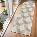 7' Ivory Gray And Cream Wool Geometric Hand Tufted Runner Rug