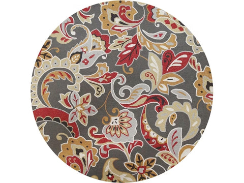 7' Taupe Red And Gray Floral Hand Tufted Round Rug With UV Protection