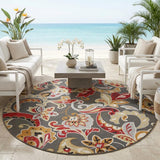 7' Taupe Red And Gray Floral Hand Tufted Round Rug With UV Protection