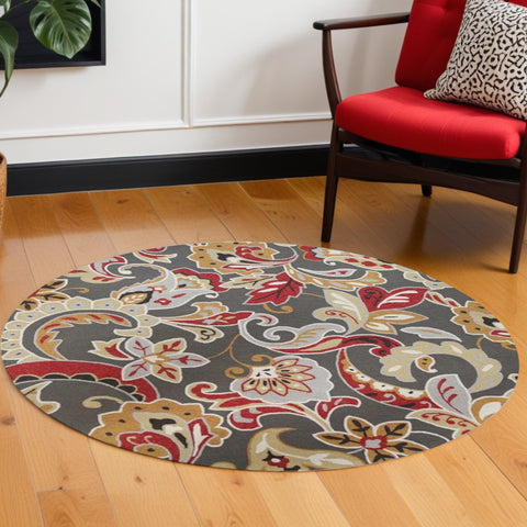 7' Taupe Red And Gray Floral Hand Tufted Round Rug With UV Protection