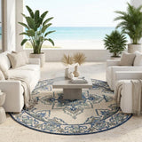 8' Round Gray and Ivory Round Damask Handmade Indoor Outdoor Area Rug