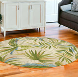 7' Sand Green And Blue Botanical Leaves Hand Tufted Round Rug