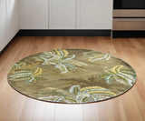 5' Moss Green And Yellow Wool Tropical Botanical Hand Tufted Round Rug