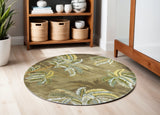 5' Moss Green And Yellow Wool Tropical Botanical Hand Tufted Round Rug