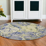 6' Blue Green And Beige Wool Tropical Botanical Hand Tufted Round Rug