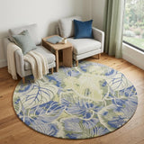 6' Blue Green And Beige Wool Tropical Botanical Hand Tufted Round Rug