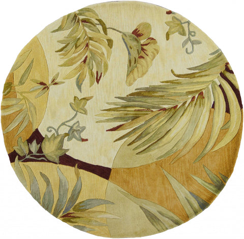5' Coral Green And Ivory Wool Tropical Botanical Hand Tufted Round Rug