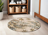 6' Ivory Brown And Blue Wool Botanical Leaves Hand Tufted Round Rug