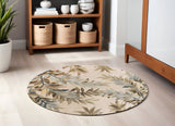6' Ivory Brown And Blue Wool Botanical Leaves Hand Tufted Round Rug