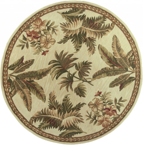 5' Ivory Green And Brown Wool Tropical Botanical Hand Tufted Round Rug