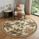 5' Ivory Green And Brown Wool Tropical Botanical Hand Tufted Round Rug